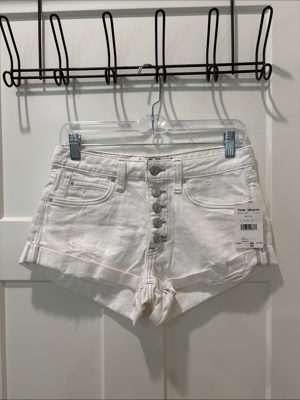 Free People White Button-Front High-Rise Denim Shorts